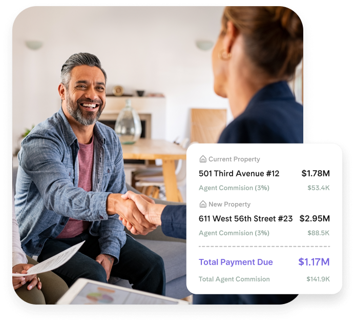 Broker and client shaking hands after Homage AI deal, with property details and trade-in value in view.